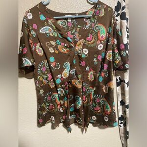 Cato Brown Paisley Button-Front Blouse with Teal & Pink Accents